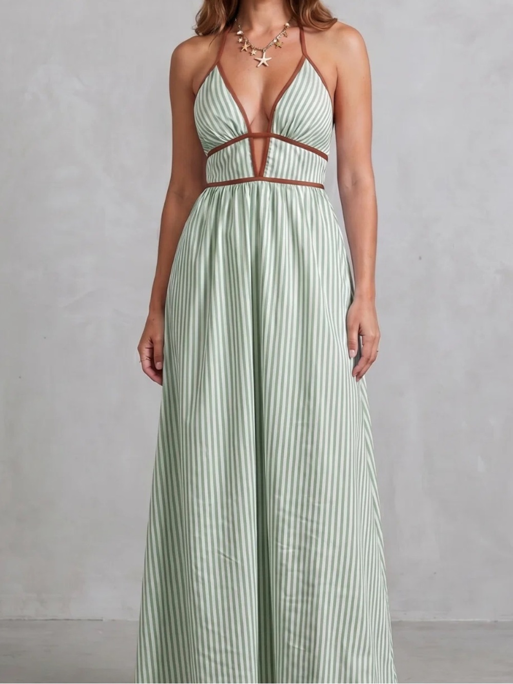 Sage Striped Halter Maxi Dress with Brown Trim